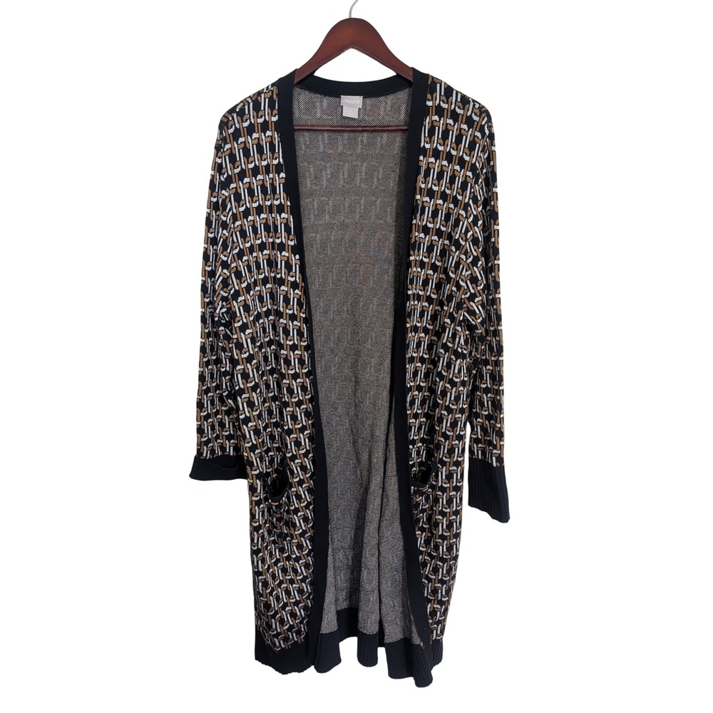 Chico's Geometric Link Longline Cardigan Sweater Black Brown XL 3 Duster NWOT